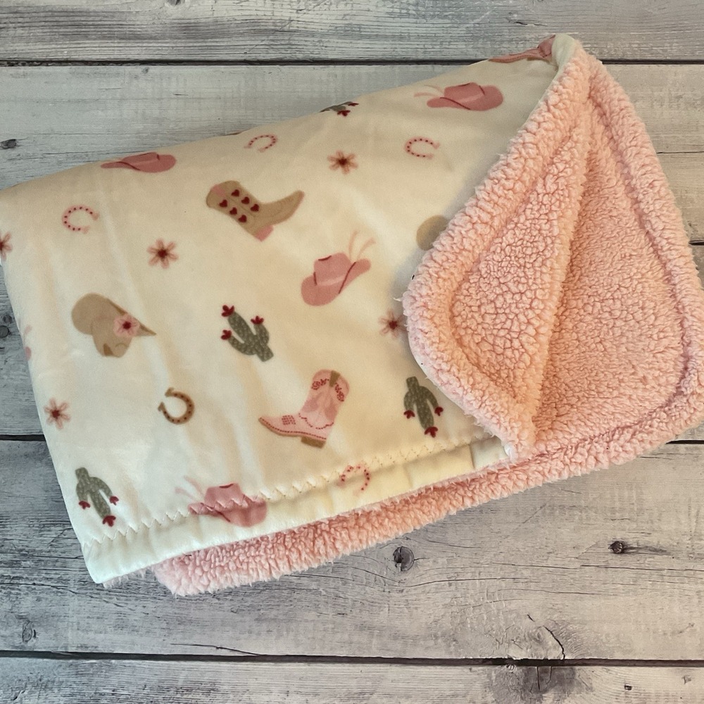 Baby Starters Girls Cowgirl Blanket Pink Western Reversible Boots Hat 30 X 40